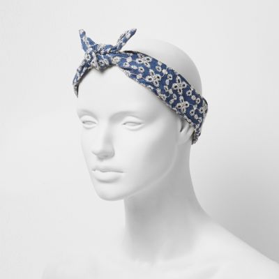 Blue denim floral head band